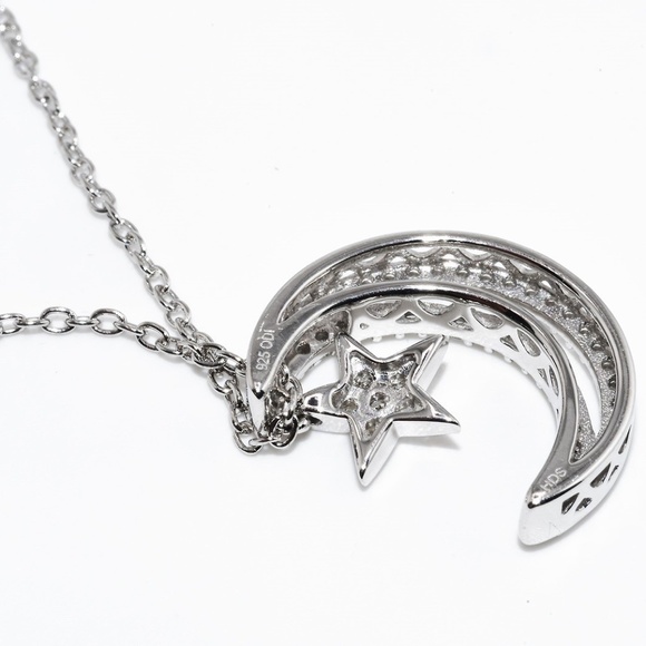 $600 .925 Sterling Silver .28CT Natural Diamond Cluster Moon & Star Necklace - Picture 6 of 7